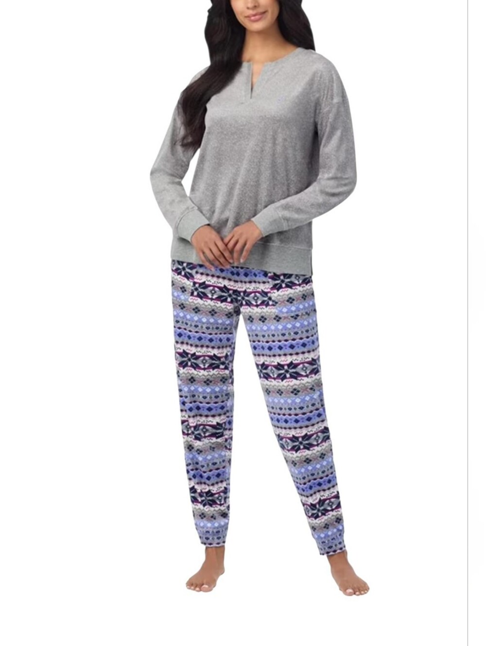 Nautica Gray Henley Top with Blue Patterned Drawstring Pajama Pants Set Nwt
